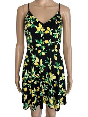 nine britton Black Lemon Print V-Neck Spaghetti Strap Mini Sundress Dress